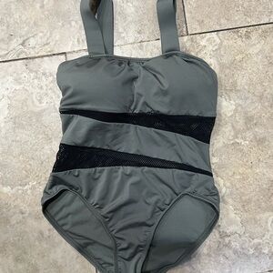 army green one-piece swimsuit with mesh detail